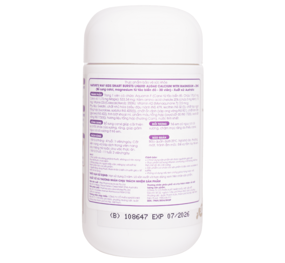Viên nhai Canxi tổ ong tảo biển đỏ Nature's Way Kids Smart Bursts Calcium With Magnesium + Zinc+ D3K2 (30 viên)