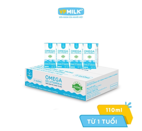 [Thùng 48 hộp] Sữa Dinh Dưỡng Tiệt Trùng VPMilk Omega Ít đường 110ml 