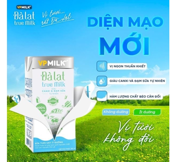 Sữa Tươi Nguyên Chất UHT Đà Lạt True Milk ÍT ĐƯỜNG 180ml x Lốc 4 