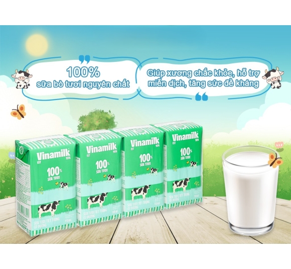 Lốc 4 hộp sữa tươi tiệt trùng có đường Vinamilk 100% Sữa tươi 110ml