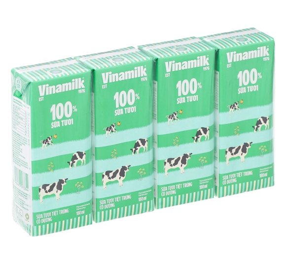 Lốc 4 hộp sữa tươi tiệt trùng có đường Vinamilk 100% Sữa tươi 180ml