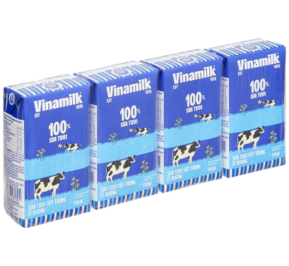 Lốc 4 hộp sữa tươi tiệt trùng ít đường Vinamilk 100% Sữa tươi 110ml