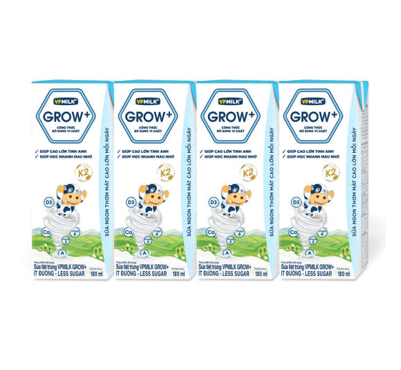 Sữa Tiệt Trùng VPMilk Grow+ Ít Đường 180ml x Lốc 4 