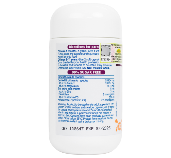 Viên nhai Canxi tổ ong tảo biển đỏ Nature's Way Kids Smart Bursts Calcium With Magnesium + Zinc+ D3K2 (30 viên)