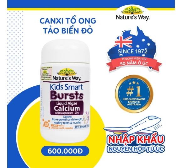 Viên nhai Canxi tổ ong tảo biển đỏ Nature's Way Kids Smart Bursts Calcium With Magnesium + Zinc+ D3K2 (30 viên)