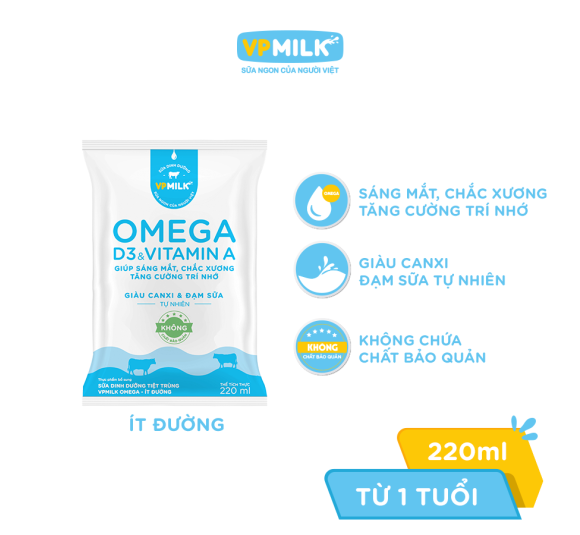 Thùng 48 bịch Sữa Dinh Dưỡng Tiệt Trùng VPMilk Omega 220ml 