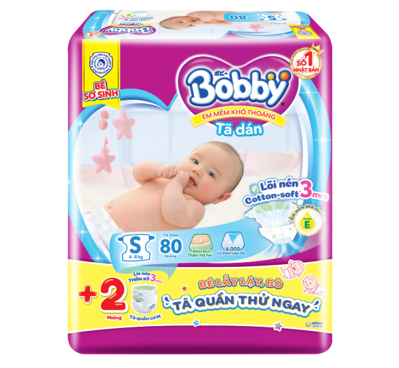 Tã dán Bobby siêu thấm - khô thoáng (S, 4-8kg, 80 miếng) (giao bao bì ngẫu nhiên)
