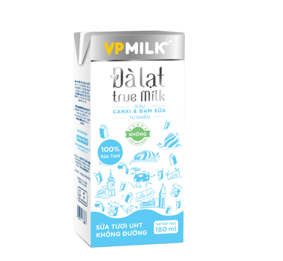 Sữa Tươi Nguyên Chất UHT Đà Lạt True Milk KHÔNG ĐƯỜNG 180ml x Lốc 4 