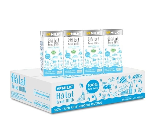 Sữa Tươi Nguyên Chất UHT Đà Lạt True Milk KHÔNG ĐƯỜNG 180ml x 48 hộp 