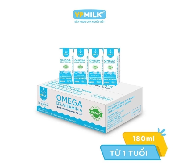 [Thùng 48 hộp] Sữa Dinh Dưỡng Tiệt Trùng VPMilk Omega Ít đường 180ml 